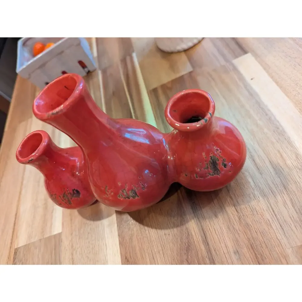 Rustic Red Ceramic Triple Bud Vase Modern Glazed Multi Stem Flower Vase Decor